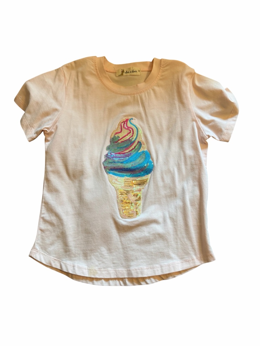 Kids Cream Short Sleeve Tee with Sequin Ice Cream Motif - de la cena